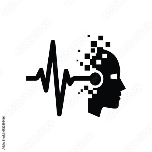 Digital Brain Silhouette with ECG Pulse Line and Pixels Symbolizing AI and Technology