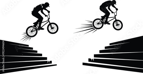 Extreme sport BMX rider jumping over stairs performing trick stunt silhouette vector illustration for action, adventure, cycling competition, adrenaline urban lifestyle design