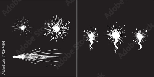 White stylized vector sparks and electrical flashes on a black background. Features linear bursts, jagged explosions, and lightning-like energy effects for motion graphics or UI design.