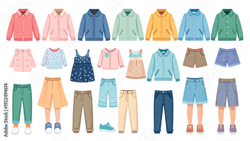 Kids Clothing Vector Set with Colorful Shirts Dresses Jackets Pants Shorts and Shoes Flat Cartoon Style Isolated on White