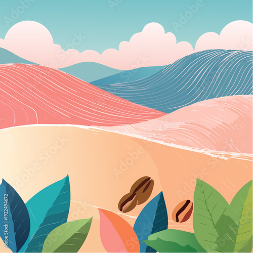 Vector coffee pattern background, line wavy illustration with beans. Floral, leaves print, package, banner.