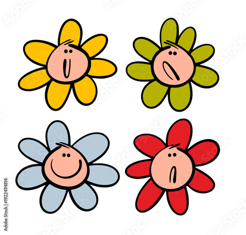 Vector illustration of avatars for children social network. Cute set of faces with emotions. Funny flowers, plants, a group of people in petals. Icons for a website on the Internet. Garden and nature.