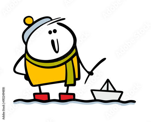 Happy cartoon boy in rubber boots stands in a puddle and launches a paper boat. Vector illustration of season weather spring, snow melts, a stream flows. Cute child is playing in the water.