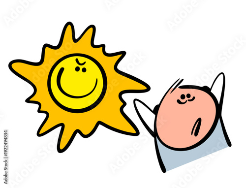 Solar storm, excessive activity from space, and   unfortunate stickman with  terrible headache. Vector cartoon illustration of poor man suffering from a bright star, he needs medical help.
