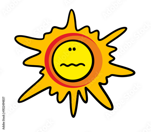 Solar storm. Excessive solar activity. Vector illustration of sun in space, cartoon bright star with unhappy human face.
