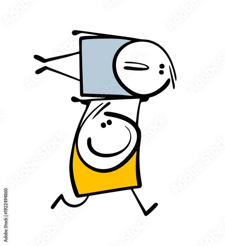 Kidnapping a man, a satisfied stickman carries a confused guy over his head. Vector illustration of thief and victim, hostage. Cartoon funny prank of a friend.
