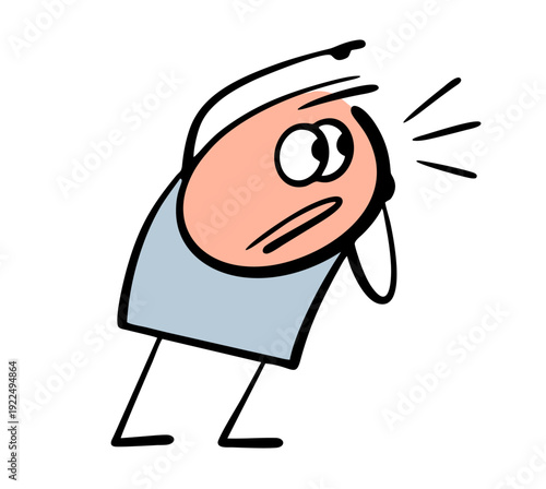 Funny cartoon stickman'  eyes bulged in fright. Vector illustration of a man pointing his finger to the side, surprise. An unpleasant event, meeting, or incident.
