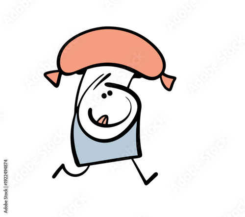 Satisfied thief has stolen a sausage and is running with food over his head. Vector illustration of stickman rushing to breakfast, holding a large sausage over his head.
