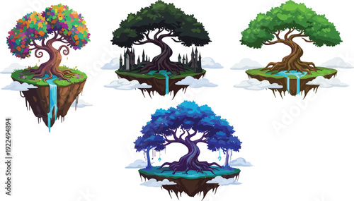 Fantasy floating island trees illustration, magical colorful tree artwork, enchanted nature landscape, surreal vector design for fantasy storybook and decoration.