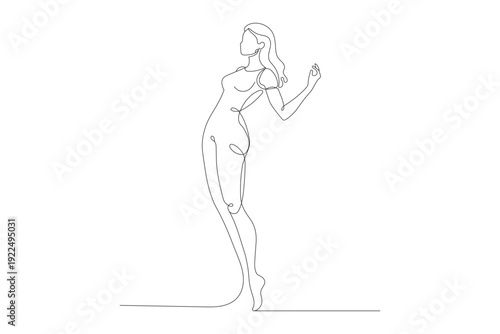 A minimalist line drawing depicts a woman in a graceful pose showcasing the contours of her body and fluid movement