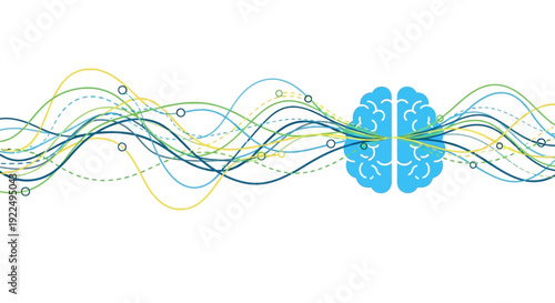 Abstract blue brain surrounded by flowing lines and connections.