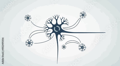 Illustration of a neuron cell with dendrites and axon terminals.