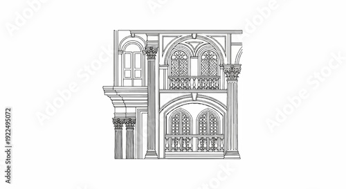 Ornate architectural facade with classical columns, arched windows, and balconies