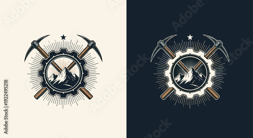 Vintage mining logo design featuring a snowy mountain peak enclosed in a gear with crossed pickaxes on two backgrounds.
