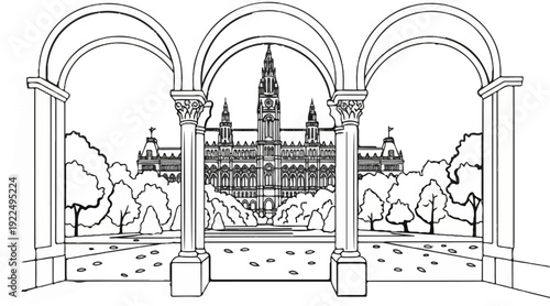 Ornate archway frames view of grand building and parkland