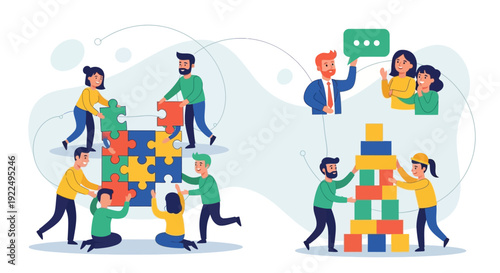 Teamwork and Collaboration Illustrated with People Building Puzzle Towers.