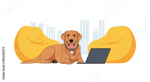 A happy labrador retriever dog lies on the floor between two yellow bean bags next to a laptop computer.