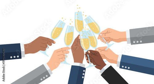 Diverse hands in business attire raise and clink champagne glasses together in a celebratory toast against a white background.