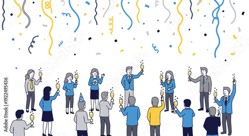 A diverse group of business people in formal wear celebrating with champagne glasses and falling confetti and streamers.