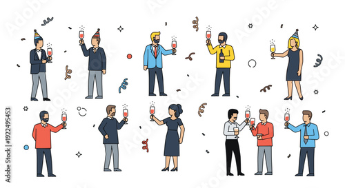 A diverse group of ten individuals, some wearing party hats, holds champagne glasses and celebrates enthusiastically amidst falling confetti.