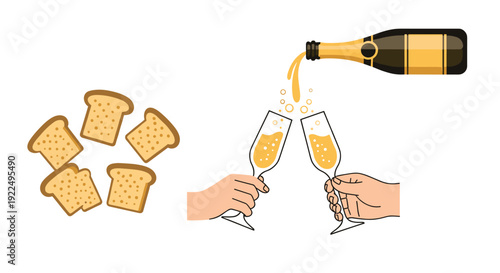 Five pieces of toast are on the left, while champagne is poured and toasted into two glasses by two hands on the right.