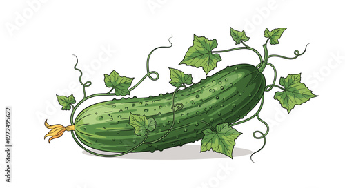 Green cucumber vegetable illustration with detailed skin texture leaves and curling vines on a white background.