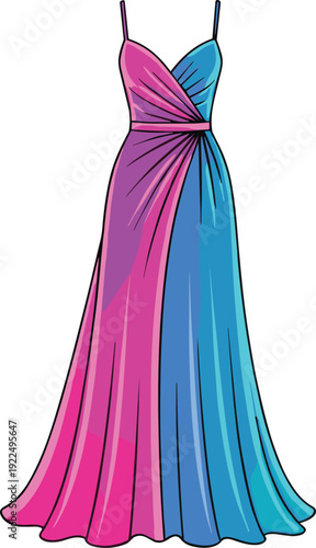 Gradient evening gown vector with pink blue blend, sweetheart neckline, spaghetti straps, ruched waist, elegant fashion illustration for stock