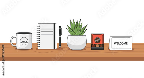 Office essentials are neatly arranged on a wooden shelf, including a mug, notebook, pen, succulent, chocolates, and a welcome sign.