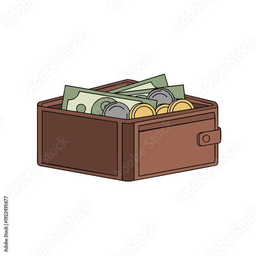 Illustration of an Open Wallet Filled with Cash and Coins Concept of Money and Financial Transactions