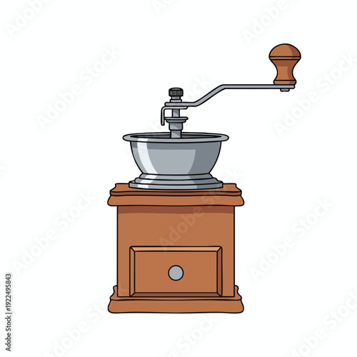 Vintage Manual Coffee Grinder on Wooden Surface for Kitchen or Coffee Shop Decor