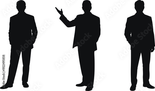 Businessman silhouettes presenting gesture confident corporate leaders standing isolated professional male figures vector illustration set