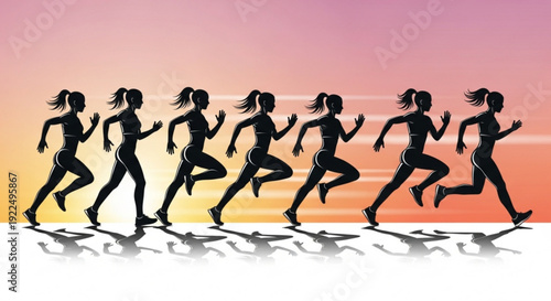 Silhouette of women running in unison at sunset fitness and athleticism concept with motion sequence