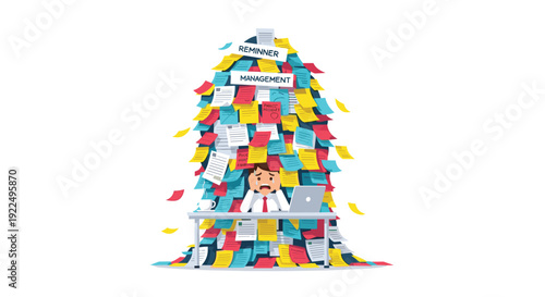 Stressed businessman buried under a massive mountain of sticky notes and papers at his desk.