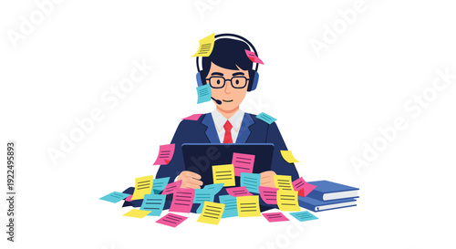 A focused man wearing a headset works on a tablet, surrounded by numerous colorful sticky notes.