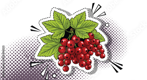 Pop-art style comic illustration of a bunch of red currants with green leaves placed on a dotted and sunburst background with stylized edges.