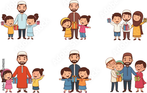 Happy Muslim family celebrating Eid together, exchanging gifts, spending quality time, and enjoying festive moments with children and relatives joyfully