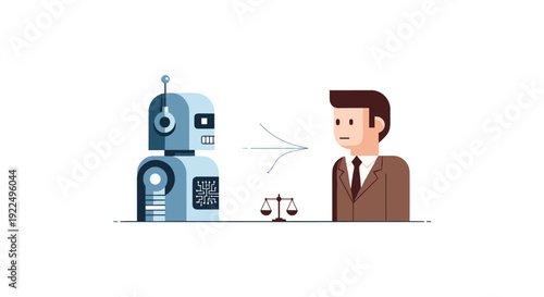 A humanoid robot and a businessman standing opposite each other with a balance scale in between.