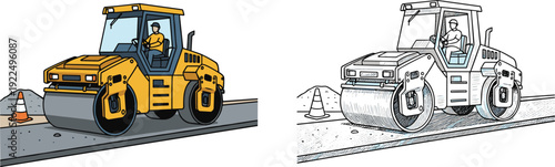 Heavy Duty Road Roller Construction Vehicle Flat Vector Illustration and Hand Drawn Sketch for Industrial Infrastructure Project and Coloring Page