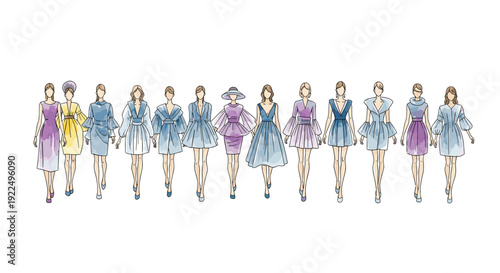 A diverse group of female fashion models showcasing various pastel-colored dresses on a runway.