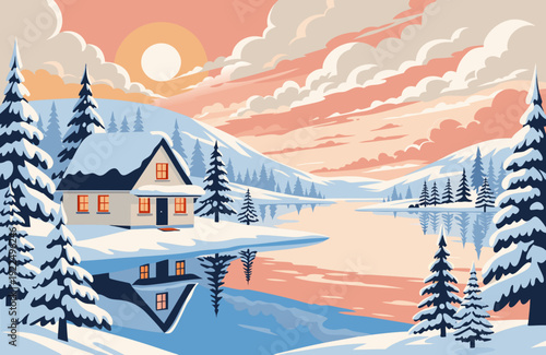Winter landscape with cozy house near frozen lake snow covered trees soft sunset light and beautiful reflection on calm icy water