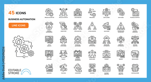 45 Business Automation Line Icons Set with Editable Stroke AI Workflow Analytics Management Technology Vector Illustration Collection for Modern Enterprises