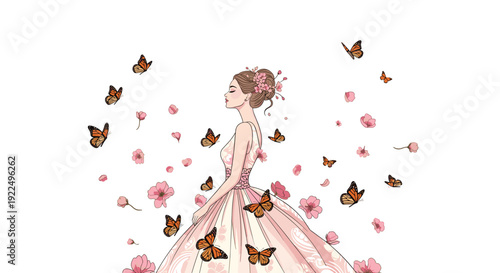Elegant young woman in a flowing long pink dress standing gracefully, surrounded by blooming flowers and flying butterflies.