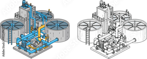 Industrial Water Treatment Plant with Large Storage Tanks Complex Blue Piping System and Workers Flat Vector Illustration and Hand Sketch