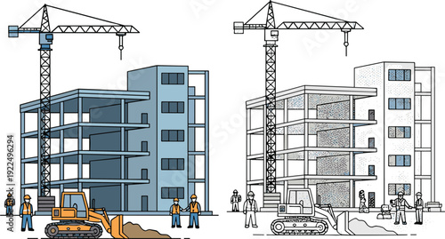 Industrial Construction Site with High Rise Building Frame Tower Crane Bulldozer and Workers Flat Vector Illustration and Hand Drawn Sketch