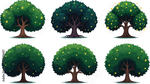 Magical night trees with glowing stars, fantasy nature illustration, enchanted forest vector design, mystical foliage artwork, beautiful fantasy background for projects.