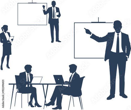 Business people silhouettes presentation meeting, office teamwork discussion training seminar isolated corporate professionals vector illustration