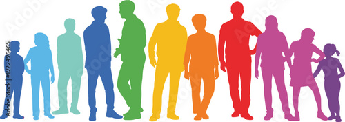Colorful family silhouettes with parents and children standing together isolated on white background diversity concept illustration