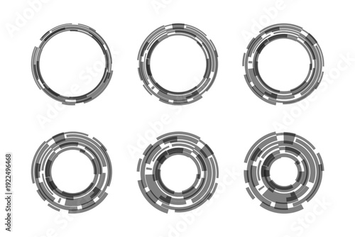 Abstract black tech circles set. Futuristic HUD interface ring elements collection. Modern digital frames for UI design, dashboards, infographics, presentations, and sci fi technology concepts. Vector