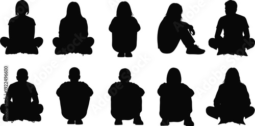 Black silhouettes of people sitting on floor in various relaxed poses, meditation and waiting set, cad drawing flat vector illustration