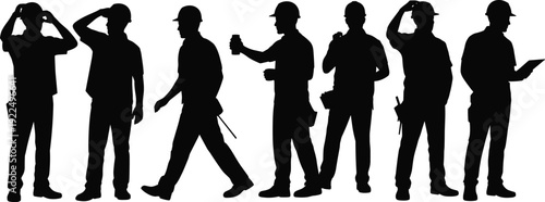 Construction workers silhouettes wearing helmets, builders team with tools, safety inspection industrial labor vector illustration set